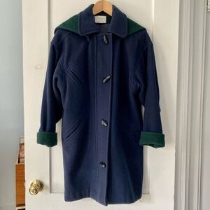 1990s Vintage Petite Sophisticate Oversized Wool Toggle Duffle Coat with Hood